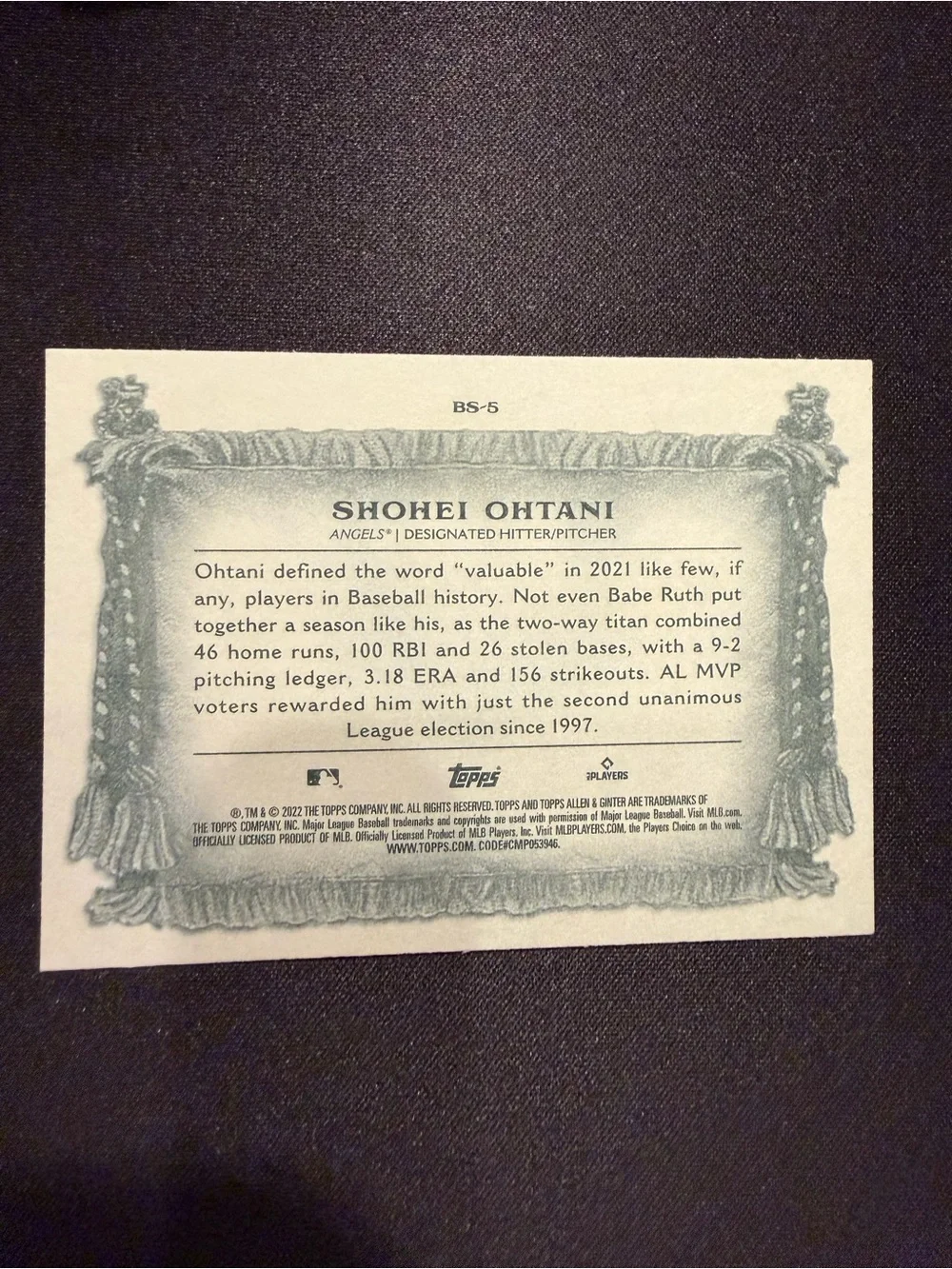2021 AL MVP Banner Season Shohei Ohtani Allen & Ginter Card